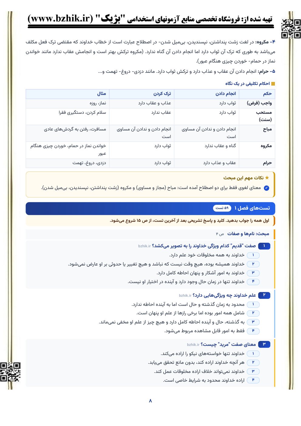 نمونه صفحه تست‌های پایان فصل احکام امام شافعی برای آزمون استخدامی آموزش و پرورش