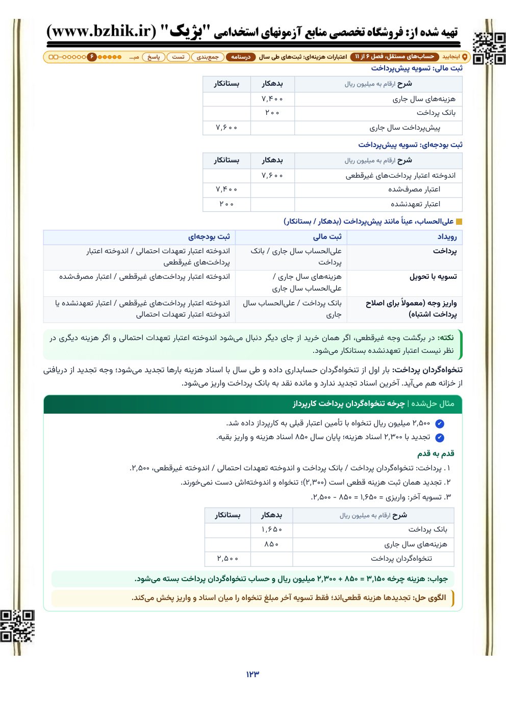 صفحه درسنامه حسابداری دولتی استخدامی، فصل اعتبارات هزینه‌ای: جدول ثبت مالی و ثبت بودجه‌ای تسویه پیش‌پرداخت با بدهکار و بستانکار، جدول علی‌الحساب و مثال حل‌شده تنخواه‌گردان پرداخت