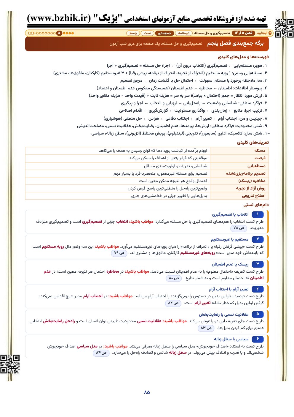 برگه جمع‌بندی یک‌صفحه‌ای فصل تصمیم‌گیری و حل مسئله مبانی سازمان و مدیریت: فهرست‌ها، تعریف‌ها و دام‌های تستی
