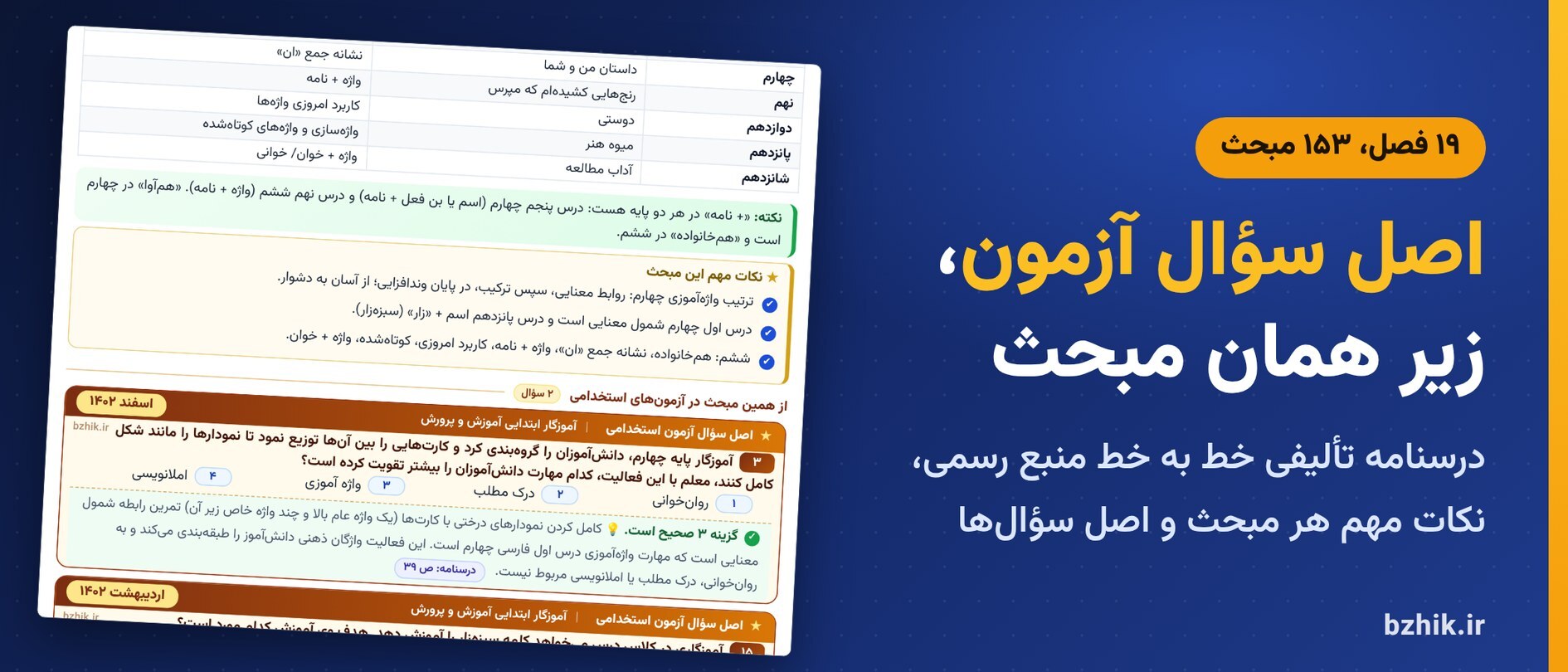  درسنامه فارسی ابتدایی در ۱۹ فصل با کادر نکات مهم و اصل سوالات آزمون استخدامی زیر هر مبحث 