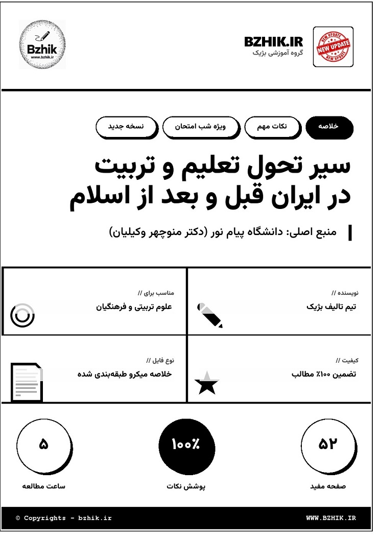خلاصه کتاب سیر تحول تعلیم و تربیت در ایران قبل و بعد از اسلام پیام نور صفحه ۱