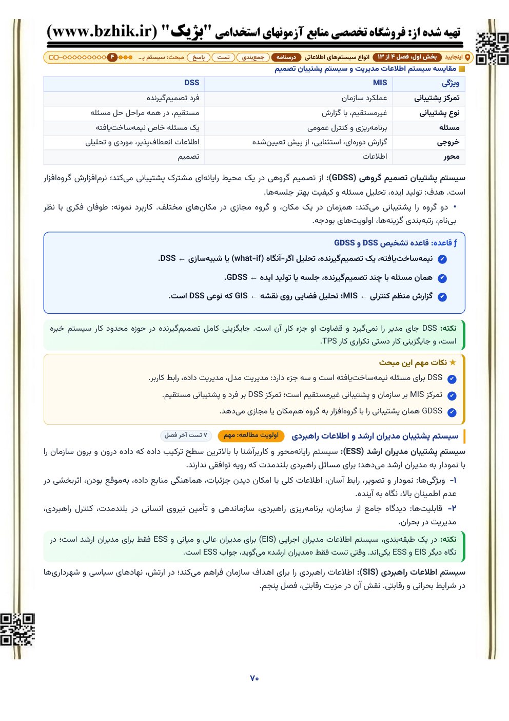 صفحه درسنامه استخدامی فصل انواع سیستم‌های اطلاعاتی: جدول مقایسه سیستم اطلاعات مدیریت و سیستم پشتیبان تصمیم از نظر تمرکز، نوع پشتیبانی، مسئله و خروجی