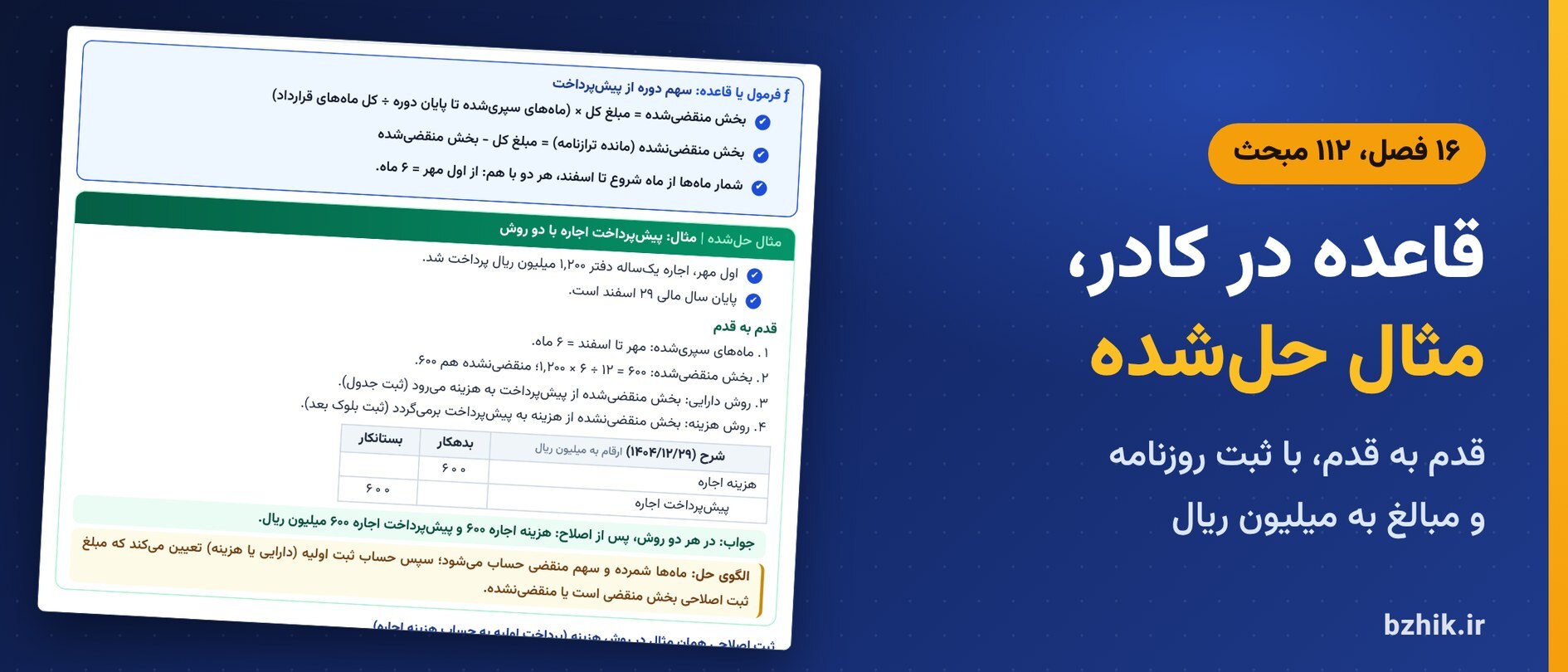  درسنامه فشرده اصول حسابداری با کادر فرمول یا قاعده، مثال حل‌شده با الگوی حل و ثبت روزنامه به میلیون ریال 