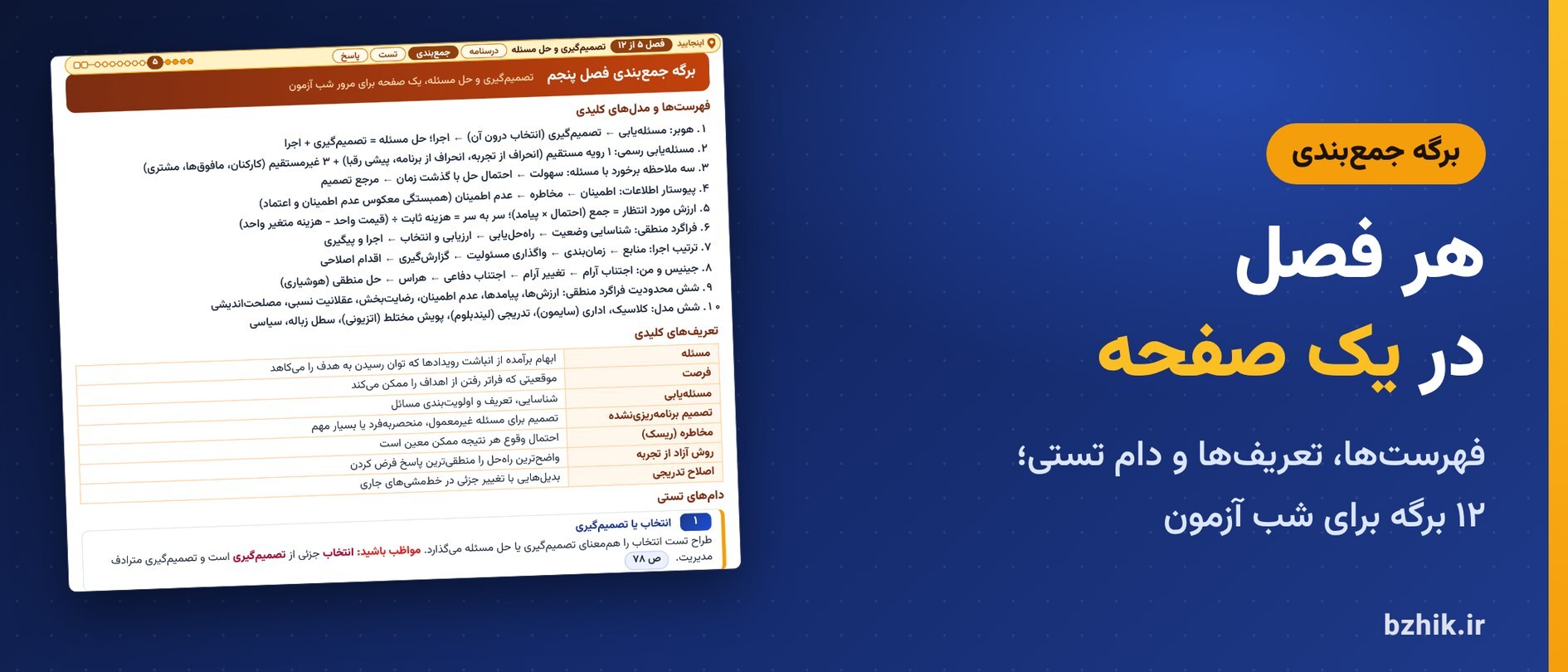  برگه جمع‌بندی یک‌صفحه‌ای هر فصل مبانی سازمان و مدیریت: فهرست‌ها و مدل‌ها، تعریف‌ها و دام‌های تستی در ۱۲ برگه 