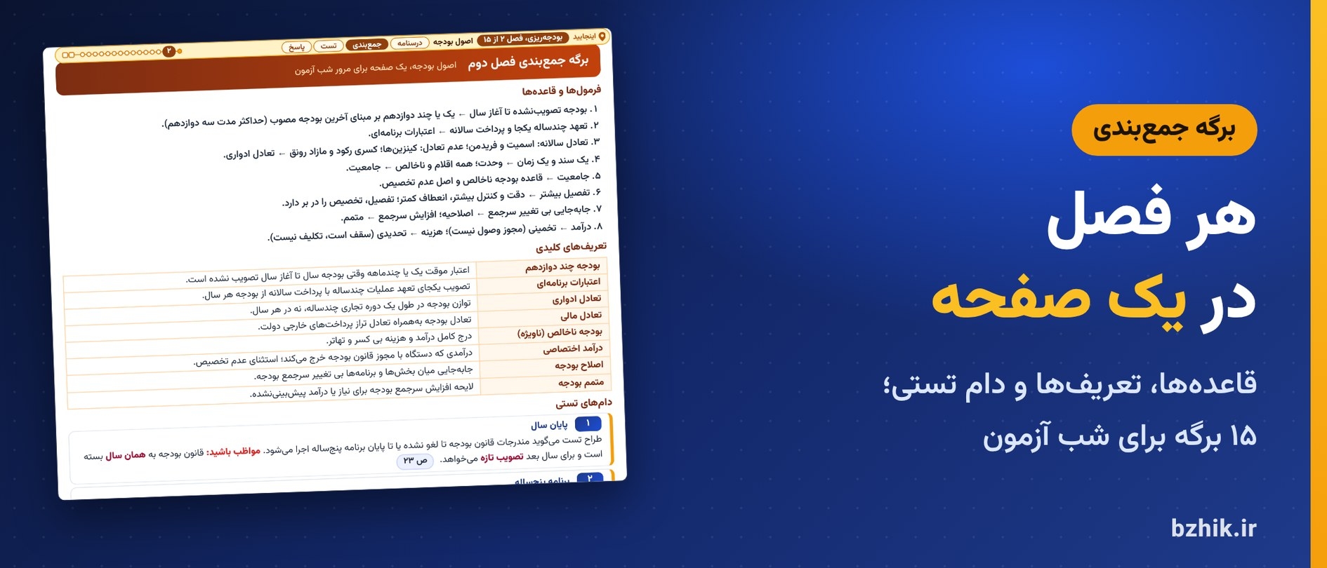 برگه جمعبندی یکصفحهای فصل اصول بودجه در جزوه بودجه و مالیه عمومی: قاعدهها، تعریفها و دامهای تستی