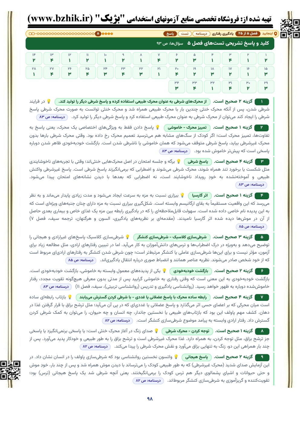 نمونه صفحه کلید و پاسخ تشریحی تستهای روانشناسی تربیتی با نشانی صفحه درسنامه