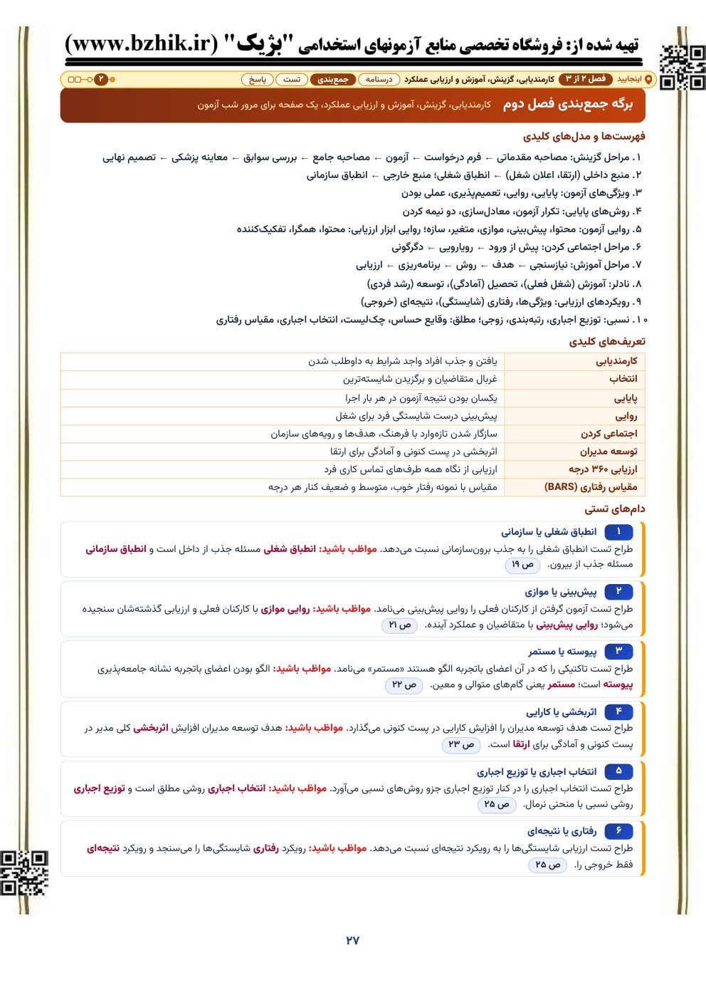 برگه جمعبندی یکصفحهای فصل کارمندیابی، گزینش، آموزش و ارزیابی عملکرد مدیریت منابع انسانی: فهرستها، تعریفها و دامهای تستی