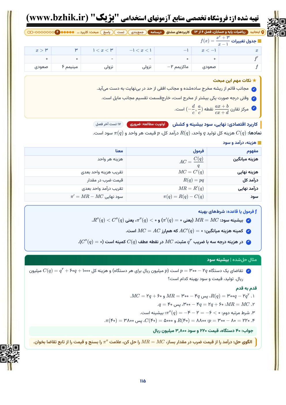 صفحه درسنامه فصل کاربردهای مشتق در مدیریت و اقتصاد: جدول هزینه، درآمد و سود نهایی، کادر شرطهای بهینه و مثال حلشده سود بیشینه با الگوی حل
