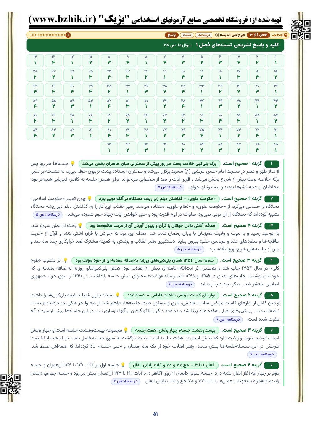 نمونه صفحه کلید و پاسخ تشریحی تستهای معارف اسلامی با نشانی صفحه درسنامه