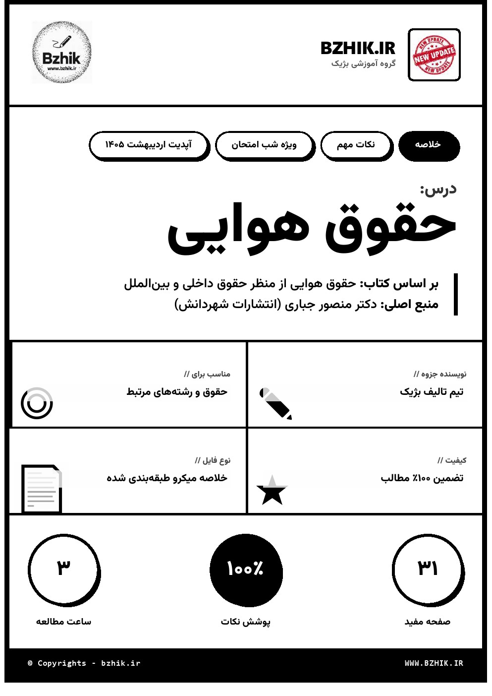 خلاصه کتاب حقوق هوایی منصور جباری — صفحه اول پیام نور