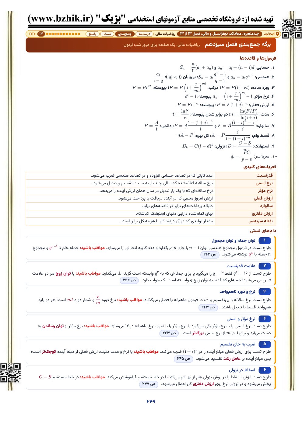 برگه جمعبندی یکصفحهای فصل ریاضیات مالی: فرمولهای بهره، ارزش فعلی و اقساط، تعریفها و دامهای تستی با نشانی صفحه