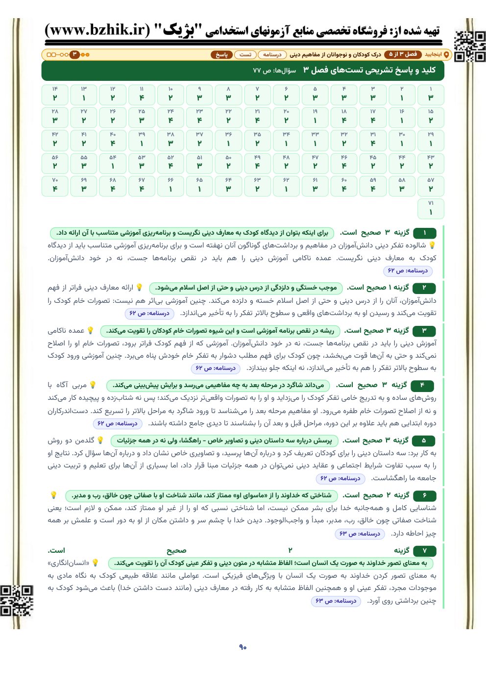 نمونه صفحه کلید و پاسخ تشریحی تست‌های رشد دینی با نشانی صفحه درسنامه