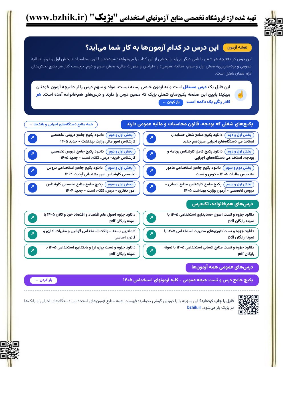 صفحه نقشه آزمون فایل بودجه، قانون محاسبات و مالیه عمومی: پکیجهای شغلی با بخشهای لازم هر شغل و درسهای همخانواده (نمای کوچک)