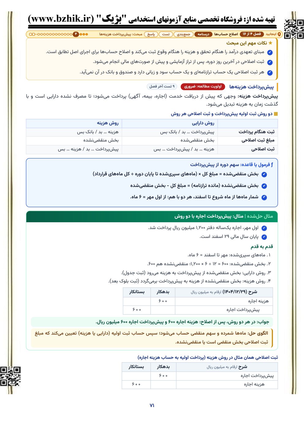نمونه صفحه درسنامه فشرده اصول حسابداری، فصل اصلاح حساب‌ها: کادر فرمول یا قاعده و مثال حل‌شده با ثبت روزنامه