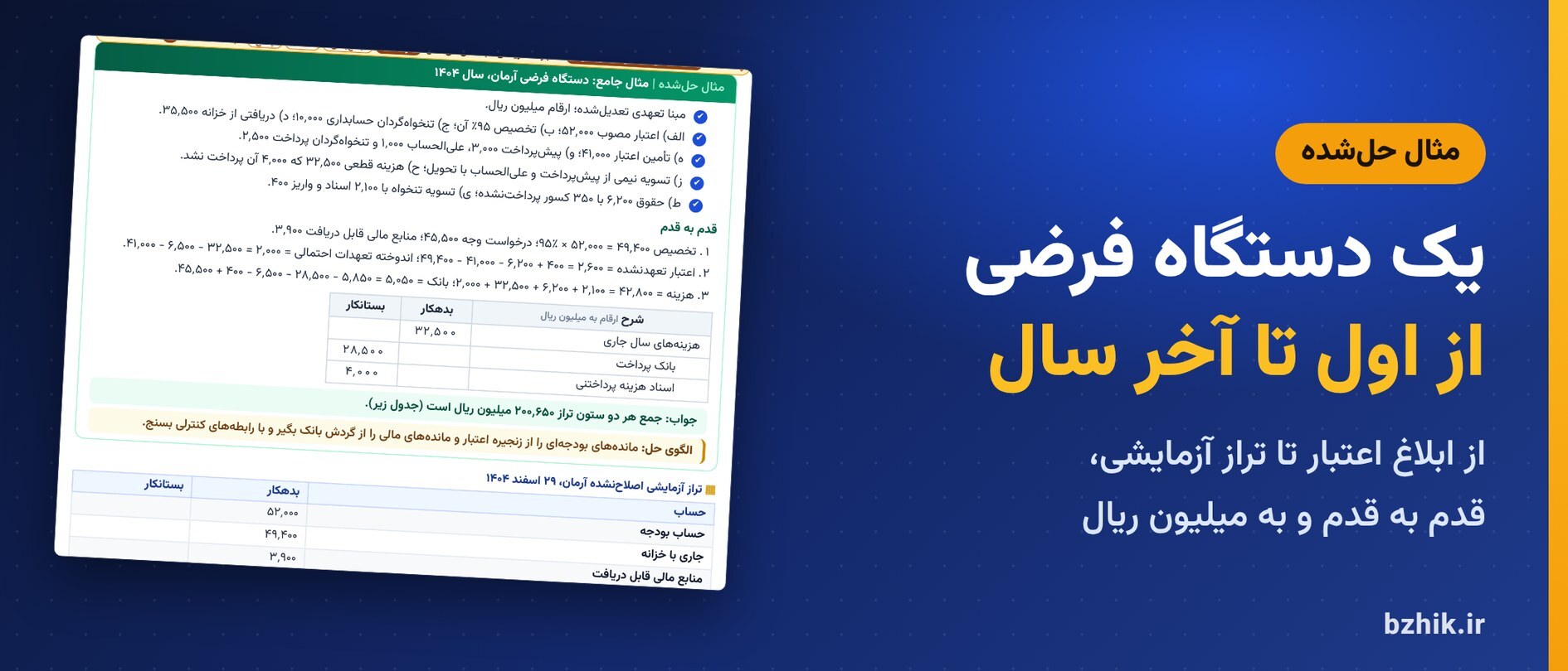  مثال حل‌شده یک سال مالی کامل در یک دستگاه فرضی، از ابلاغ اعتبار تا تراز آزمایشی، در درسنامه حسابداری دولتی استخدامی 