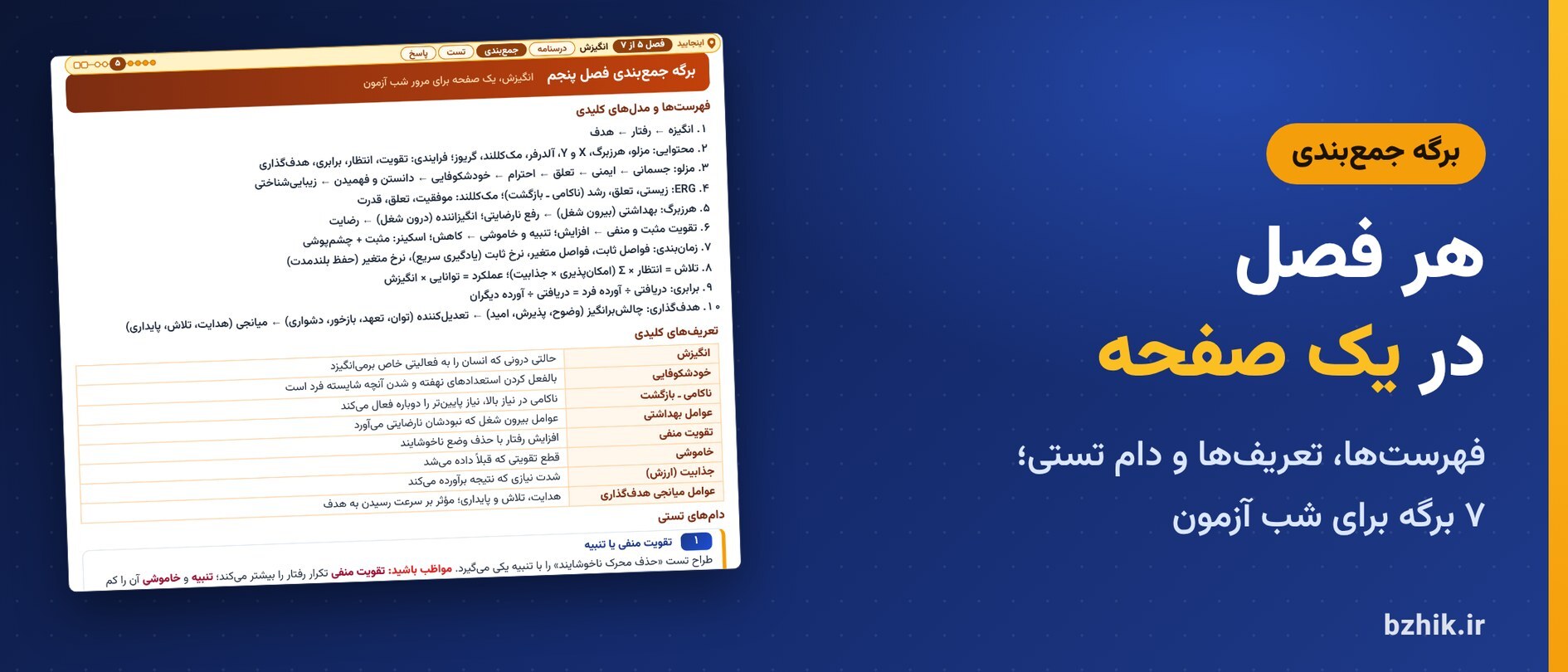  برگه جمع‌بندی یک‌صفحه‌ای هر فصل مدیریت رفتار سازمانی: فهرست‌ها و مدل‌ها، تعریف‌ها و دام‌های تستی در ۷ برگه 