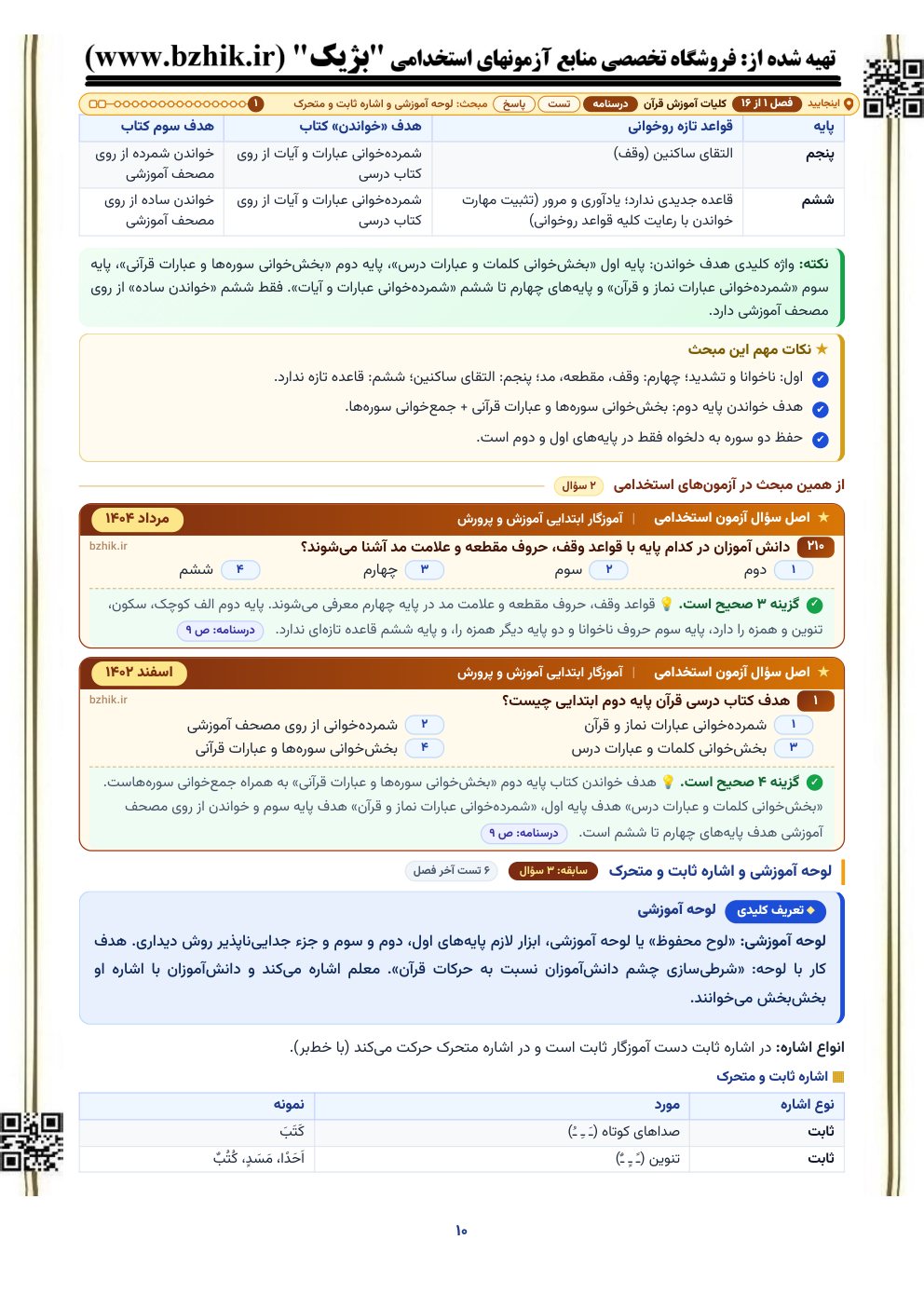 نمونه صفحه درسنامه کلیات آموزش قرآن با کادر نکات مهم و اصل سوال آزمون استخدامی آموزگار ابتدایی آموزش و پرورش