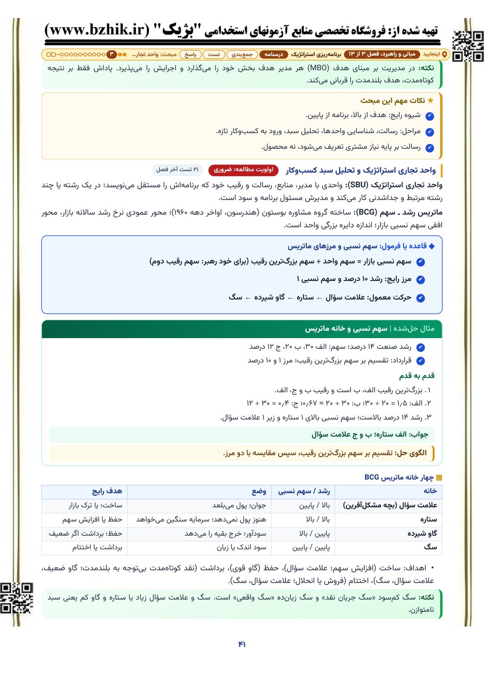 ماتریس رشد و سهم بازار (BCG) با چهار خانه ستاره، گاو شیرده، علامت سؤال و سگ، و مثال حل‌شده سهم نسبی بازار با الگوی حل