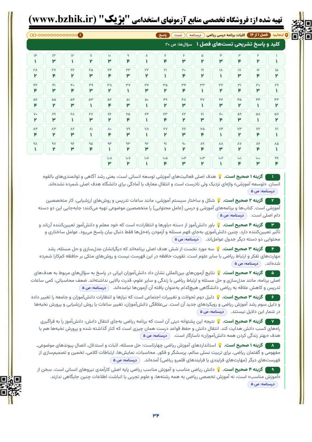نمونه صفحه کلید و پاسخ تشریحی تست‌های ریاضی ابتدایی با نشانی صفحه درسنامه