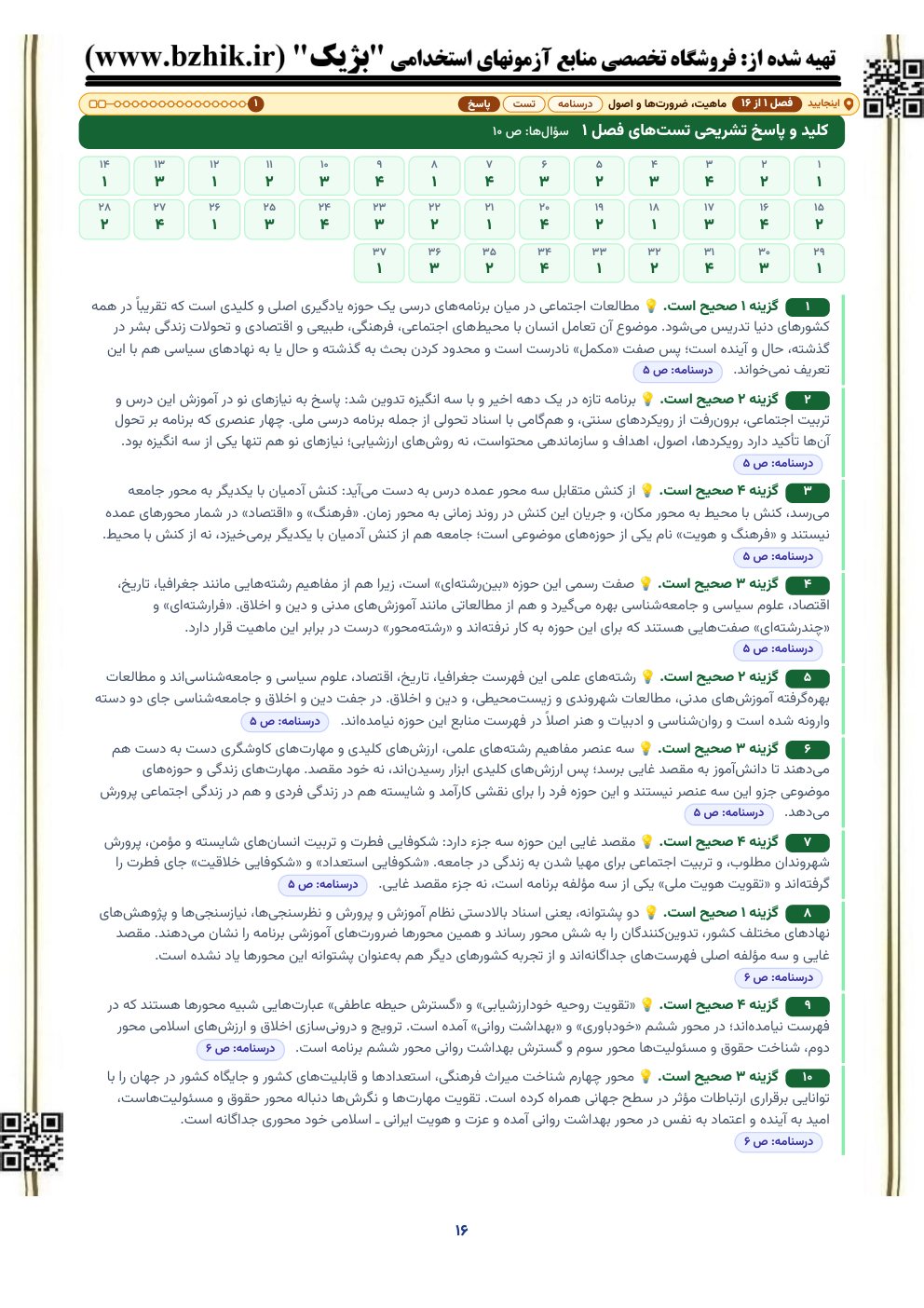 نمونه صفحه کلید و پاسخ تشریحی تست‌های مطالعات اجتماعی ابتدایی با نشانی صفحه درسنامه